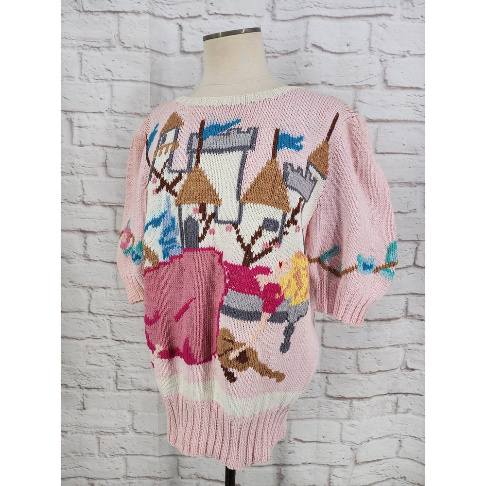 Berek Vintage Hand Knit Pink Castle Fairytale Bow Back Sweater Medium *FLAWS*